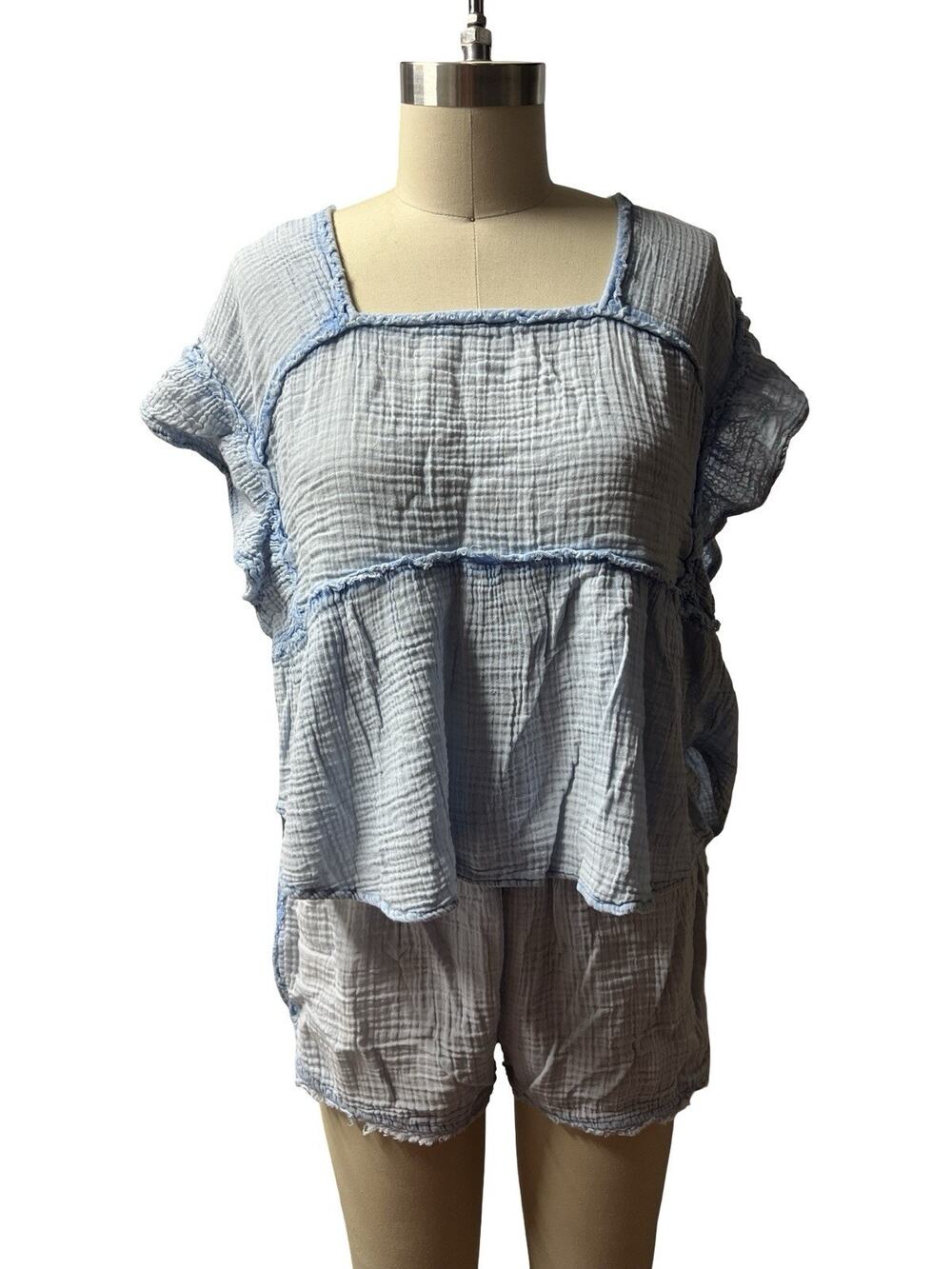 Daily Practice by Anthropologie Blue Gauzy Cotton Ruffled 2 Pc Set Top Shorts